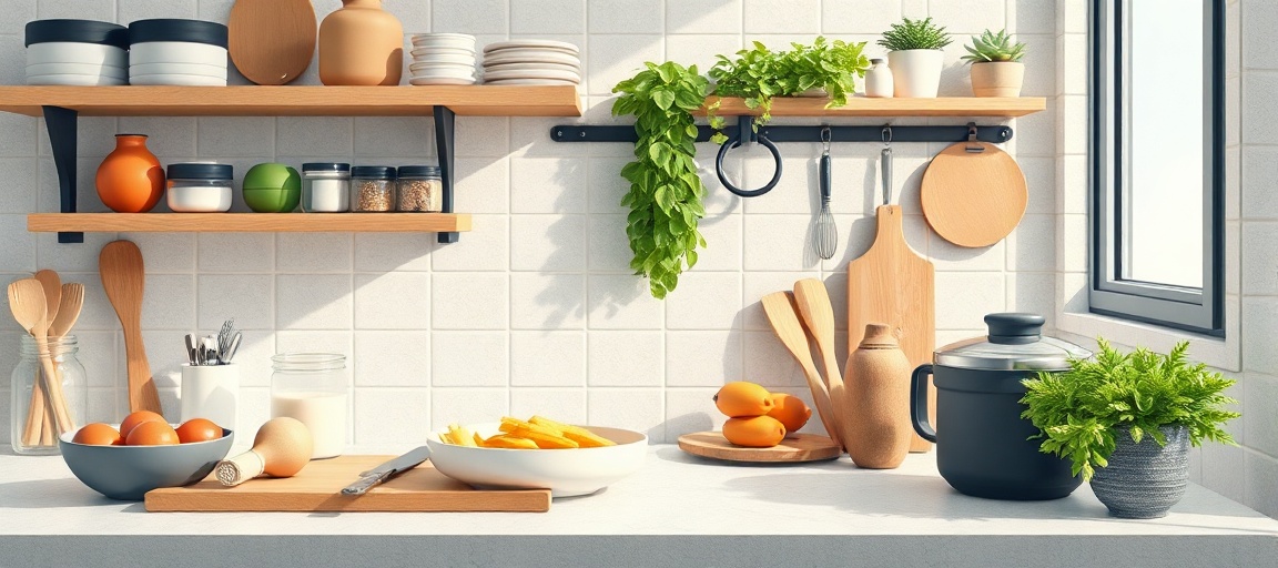 Bancada de cozinha organizada com poucos utensílios modernos e limpos.