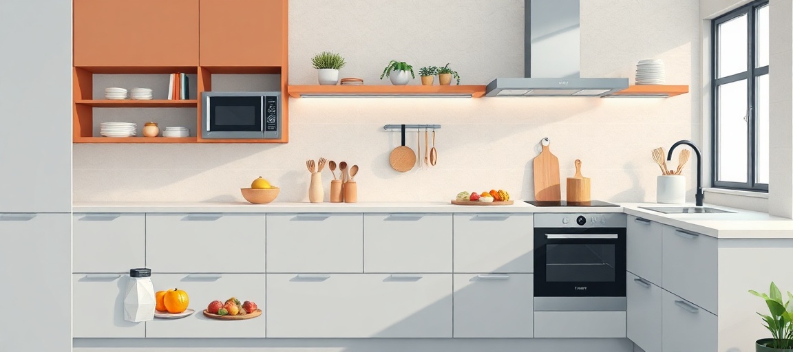 Cozinha moderna com eletrodomésticos inteligentes e design clean.