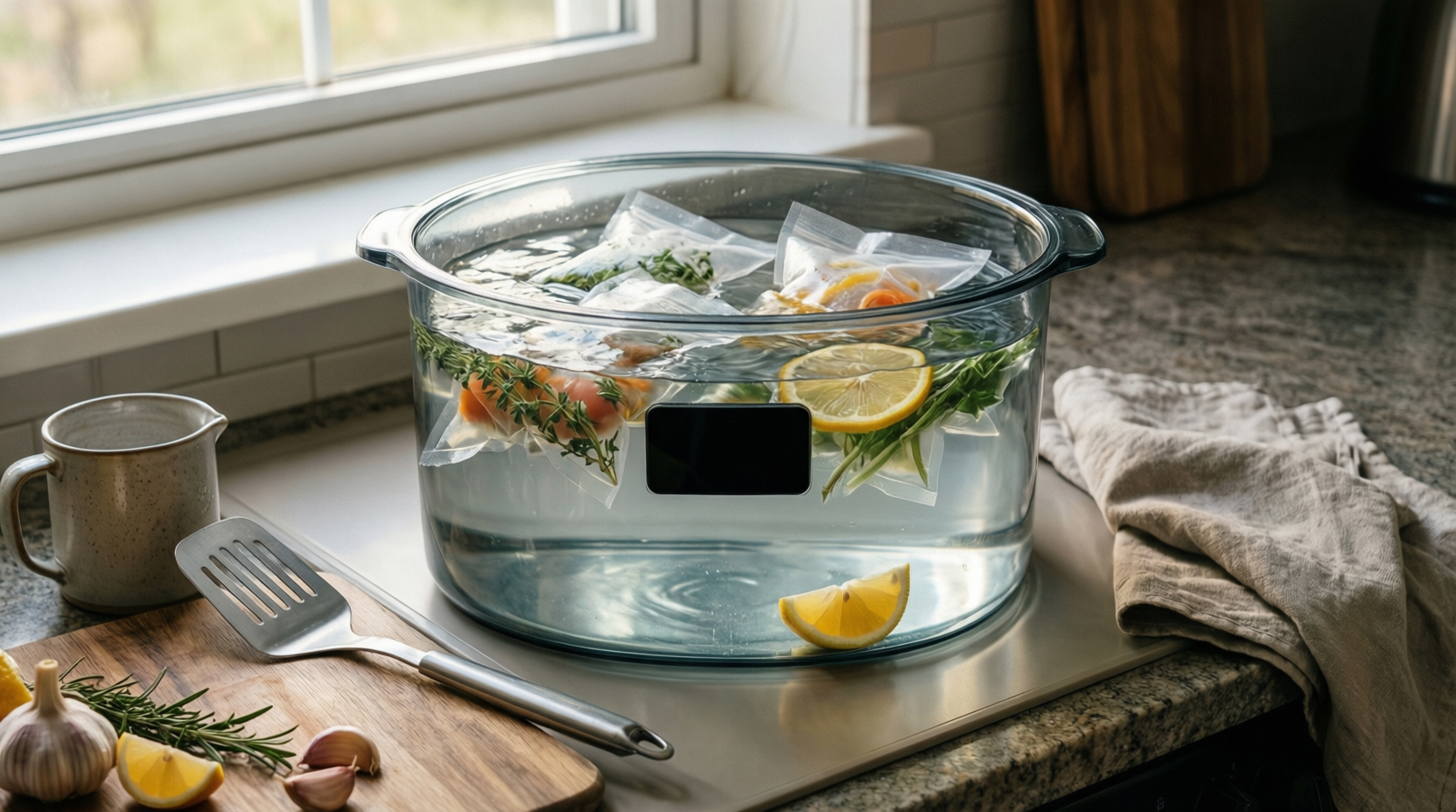 Water bath container on a kitchen counter