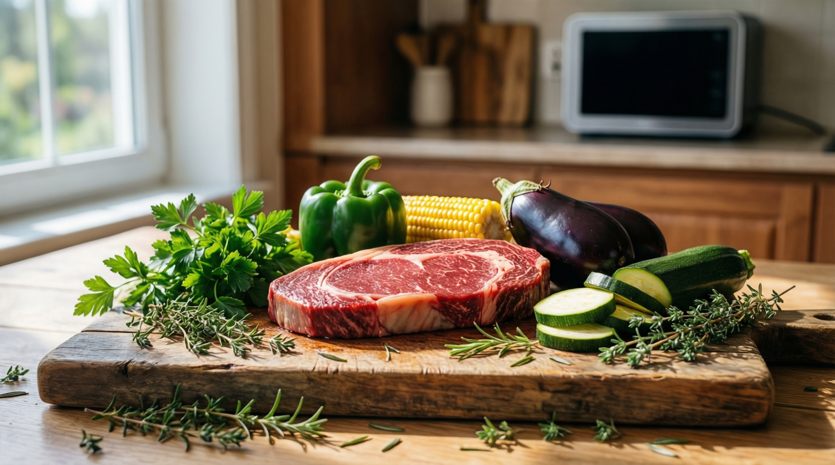 Raw steak and ingredients on a cutting board