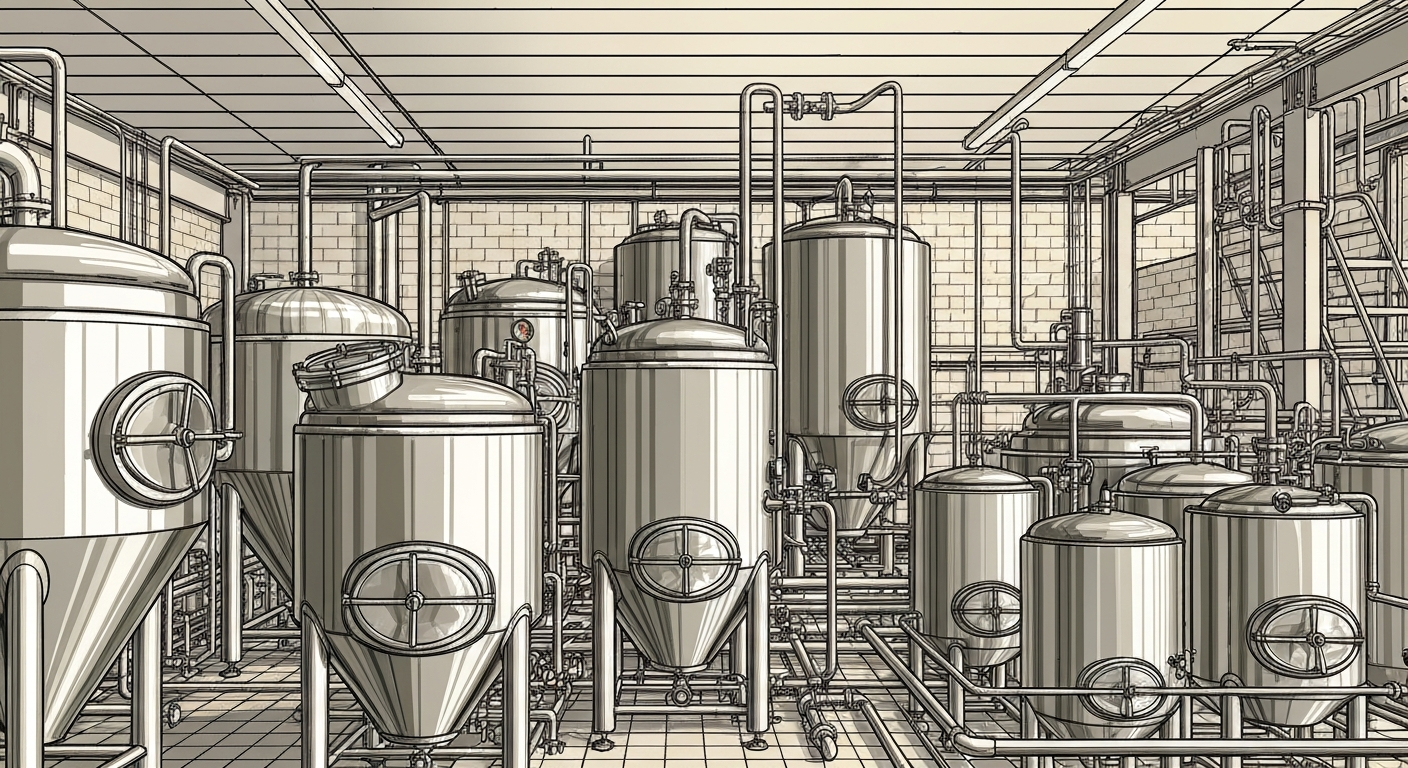 Equipamento de cervejaria moderno e automatizado em ambiente industrial.