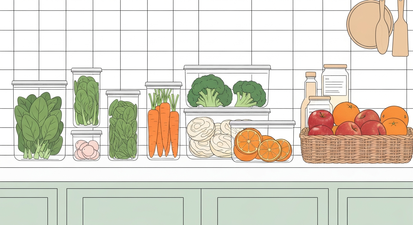 Variedade de alimentos frescos sendo preparados para armazenamento a vácuo.