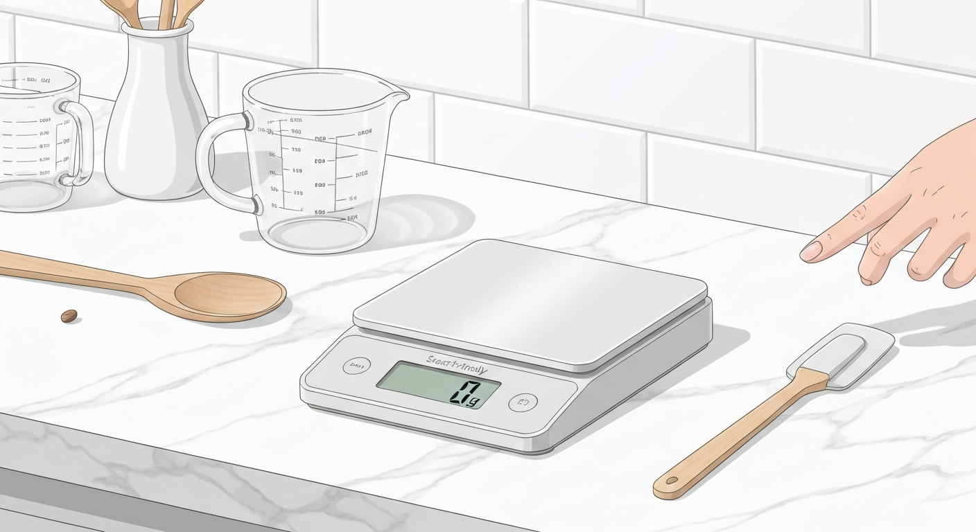 Balança digital de cozinha prateada sobre bancada clara.