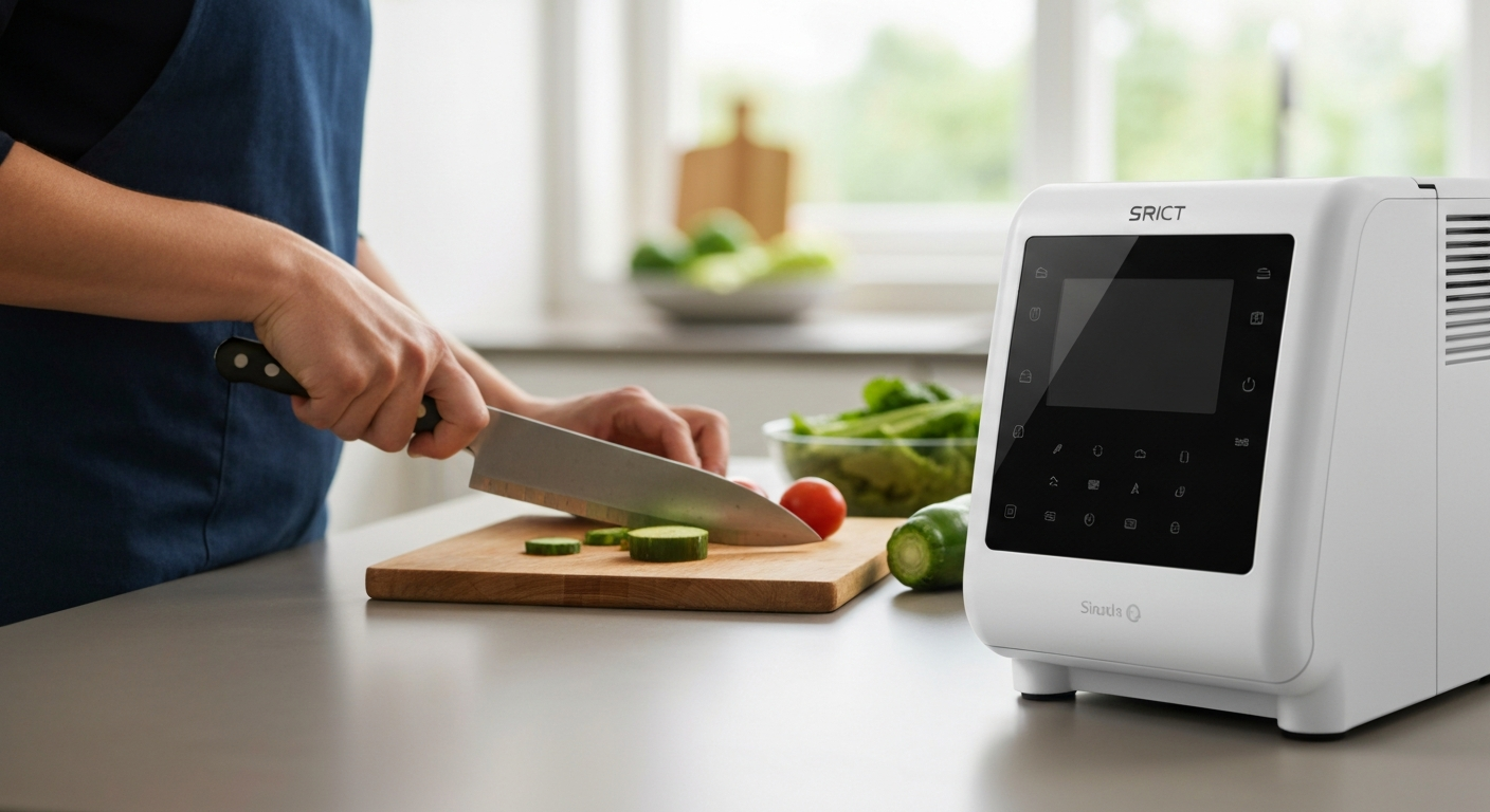 Pessoa preparando refeição rápida e saudável em cozinha moderna.
